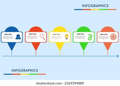 Los pasos de procesos de negocios de infografía con 5 opciones para la visualización de datos de negocios con iconos, se pueden utilizar como gráfico, diseño de flujo de trabajo, diagrama, visualización de datos, banner web minimalista.