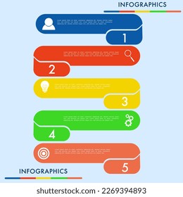 Los pasos de procesos de negocios de infografía con 5 opciones para la visualización de datos de negocios con iconos, se pueden utilizar como gráfico, diseño de flujo de trabajo, diagrama, visualización de datos, banner web minimalista.