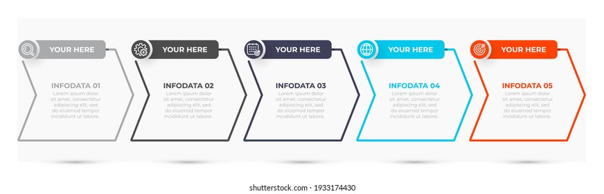 infographic business process thin line design elements with arrow and icon. Timeline with 5 options, steps, parts. Can be used for info chart, workflow layout, web design.