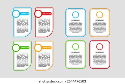 Promoção de negócios infográfico oito modelos coloridos de manchete com texto para marketing impactante.