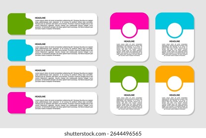 Promoção de negócios infográfico oito modelos coloridos de manchete com texto para marketing impactante.