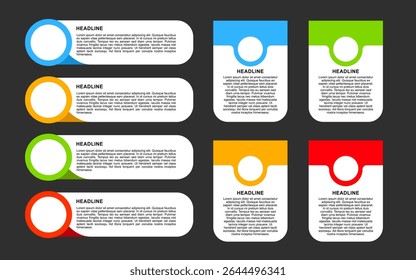 Infográfico promoção de negócios seis coloridos manchete modelos com texto para marketing impactante.