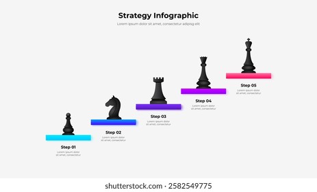 Infographic business strategy steps with chess pieces arranged in ascending hierarchy. Strategic planning and progression concepts effectively