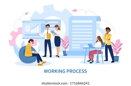 Infographic of a business teams working process showing planning and development with paperwork and charts of a diverse group of colleagues, colored vector illustration