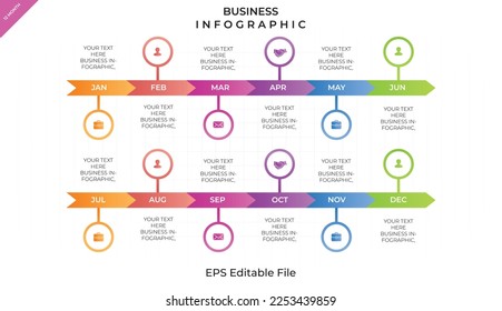Infographic business template. 12 Months Timeline diagram with 12 steps and calendar icon. Presentation in vector format.
