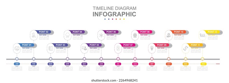 Infographic business template. 12 Months modern Timeline diagram calendar with topic titles. Concept presentation.