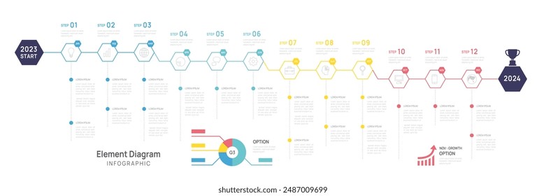 Infographic business template. 12 Months modern Timeline element diagram calendar, 4 quarter steps milestone presentation vector infographic.