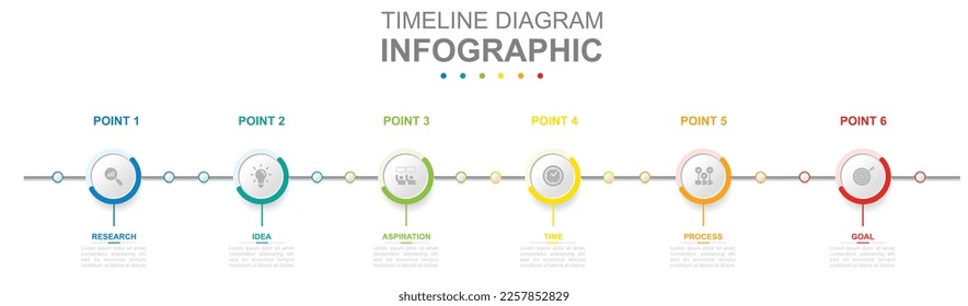 Infographic business template. 6 Steps Modern Timeline diagram with title circle topics. Concept presentation.