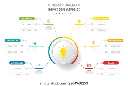 Infographic business template. 6 Steps Modern Mindmap diagram with several topics. Concept presentation.