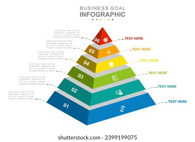 Infografische Geschäftsvorlage. 6 Stufen Mindmap Pyramidendiagramm mit Symbolthemen. Konzeptpräsentation.