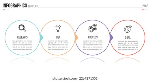 Infographic business template or element as a vector including 4 step or process with colorful label circle shape and black icon on white background and shadow for presentation, simple, minimal style