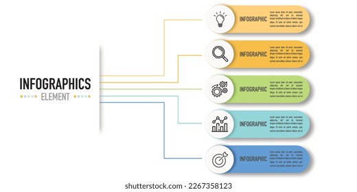 Infographic business template or element as a vector including 5 step, process, point, bullet, option, with colorful label, icons, tags on white background, mind map, for presentation, modern, flat