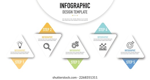 Infographic business template or element as a vector including 5 step, process, option, point, on white background, with icon and colorful triangle shape, simple, modern, minimal style, for slide
