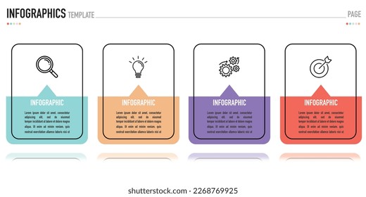 Infographic business template or element as a vector including 4 step or process with colorful square or rectangle and icons on white background, shadow, for presentation, slide, simple, modern style 