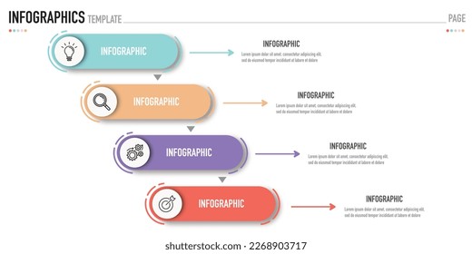 Infographic business template or element as a vector, with 4 step, process, option, bullet, list, in colorful diagonal pattern, with icons and arrow for presentation, modern, simple, minimal style