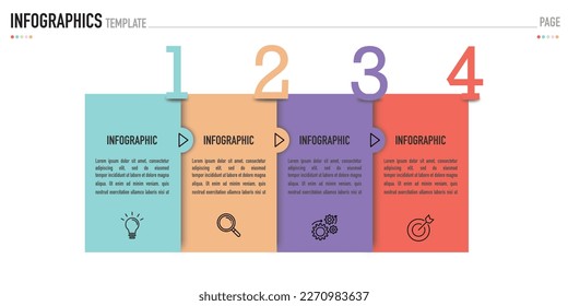 Infographic business template or element as a vector including 4 step or process, with colorful rectangle label and icons on white background, for slide or presentation, simple, minimal, modern style
