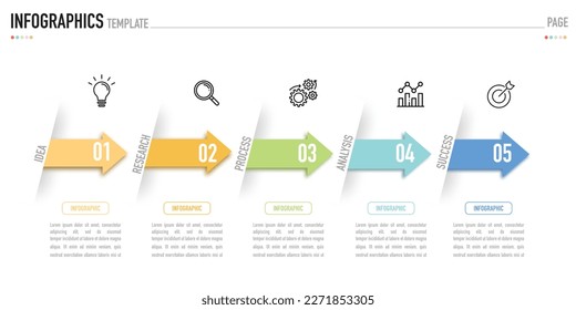 Infographic business template or element as a vector including 5 step or process with colorful label and icons on white background for slide or presentation, simple, minimal, modern style, sale