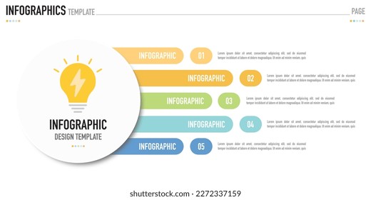 Infografische Geschäftsvorlage oder -element als Vektorgrafik mit 5 Schritten oder Prozess mit farbigem Etikett auf weißem Hintergrund für Folie oder Präsentation, einfach, modern, minimalistisch, Roadmap, Minuskarte, Kugel