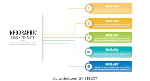 Infografik Geschäftsvorlage oder Element als Vektor einschließlich 5 Schritt, Prozess, Punkt, Aufzählungspunkt, Option, mit farbigem Etikett, Symbole, Tags auf weißem Hintergrund, Mind Map, für Präsentation, modern, flach