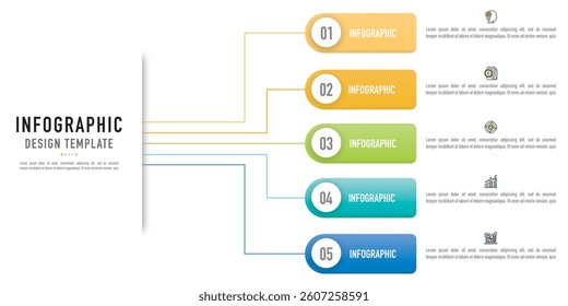 Infographic business template or element as a vector including 5 step, process, point, bullet, option, with colorful label, icons, tags on white background, mind map, for presentation, modern, flat