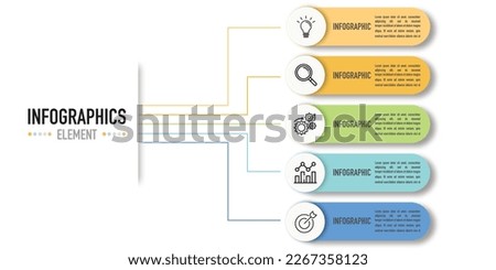 Infographic business template or element as a vector including 5 step, process, point, bullet, option, with colorful label, icons, tags on white background, mind map, for presentation, modern, flat