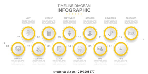 Plantilla de negocio de infografía. Línea de tiempo con 12 pasos, opciones e iconos de marketing. Infografía lineal vectorial con seis elementos conectados en círculo Presentación conceptual.