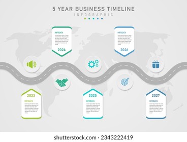 infographic business timeline 5 year road gray center circle with icon in center Multi-colored acute-angled squares The bottom center numbers and letters have a gray gradient background map.