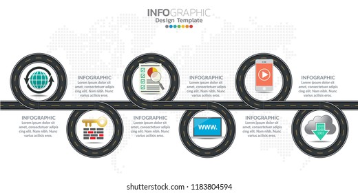 Infographic business timeline design template with options and text label.