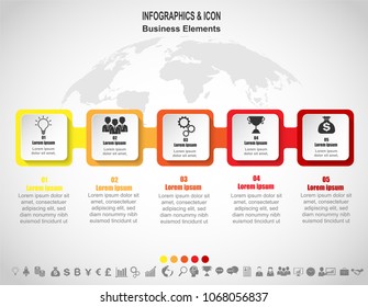 Infographic business timeline process chart template.  world map and marketing icons can be used for workflow layout, diagram, report, . Business concept with 5 options, steps or processes. Vector