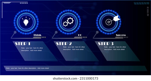 Infographic business timeline process chart template. AI(Artificial Intelligence) technology infographics and cyber space 3 step on deep blue background.