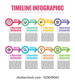 Infographic business vector concept in flat style - horizontal timeline template with arrows and icons for presentation, booklet, web and other creative design projects.