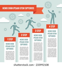 Infographic business vector creative banner illustration. People humans, steps, gears, clouds. Cogwheel concept. Design elements. 