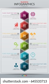 Infographic business vertical timeline process chart template. Vector modern banner used for presentation and workflow layout diagram, web design. Abstract elements of graph 6 steps options.