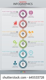 Infographic business vertical timeline process chart template. Vector modern banner used for presentation and workflow layout diagram, web design. Abstract elements of graph 6 steps options.