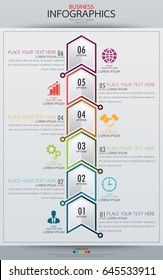 Infographic Business Vertical Timeline Process Chart Template. Vector Modern Banner Used For Presentation And Workflow Layout Diagram, Web Design. Abstract Elements Of Graph 6 Steps Options.