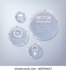 Infographic business web design with icons and glass glossy circles on light background vector illustration
