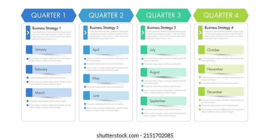 Infographic business year plan tenmplate and breakdown details 4 quarter can be use for a presentation about business plan.