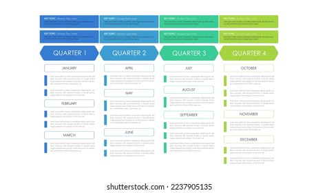 Infographic business year plan tenmplate and breakdown details 4 quarter can be use for a presentation about business plan.