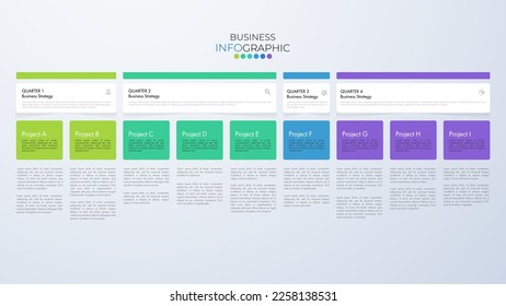 Infographic business year plan tenmplate and breakdown details 4 quarter can be use for a presentation about business plan.