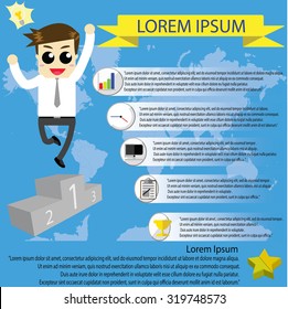 Infographic businessman jumping happily after winning first prize.
Can be used for set strategy key to success for any jobs or settle steps of solving problems
