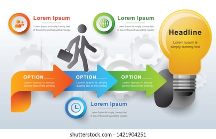 Infographic businessman walking up an arrow, growing step. Vector illustration
