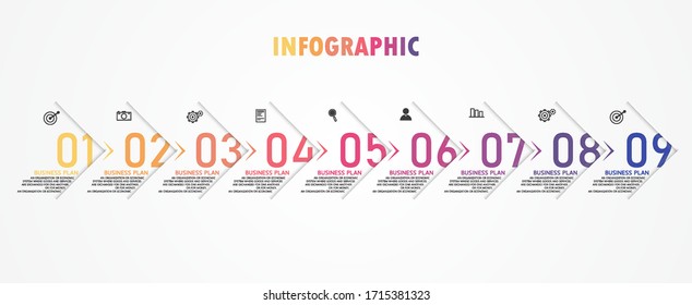 la infografía se puede utilizar para procesos, presentaciones, diseño, banner,info grafo Hay 9 pasos o capas ilustraciones vectoriales