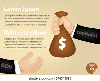infographic of capitalist man giving money bag to government, corruption concept