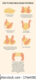 Leyenda infográfica sobre cómo amar a mano masa para pan. Proceso de horneado de masa. Ilustración para cocinar un libro o una receta casera de pasteles. Ilustración vectorial.