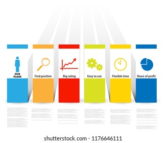 Infographic cards with icons. Business company and customers plan