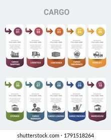 Plantilla de carga infográfica. Iconos de diferentes colores. Incluya el envío de carga, logística, contenedor, seguro de carga y otros.