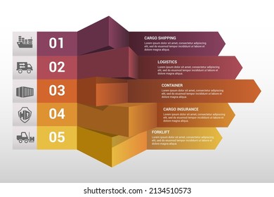 Infographic Cargo template. Icons in different colors. Include Cargo Shipping, Logistics, Container, Cargo Insurance and others.