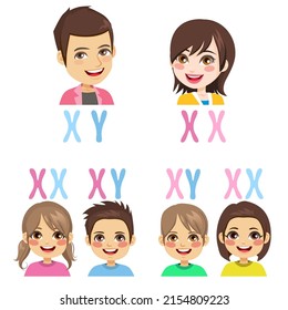 Infographic Of Cartoon Characters Family Genetic Inheritance. Sex Determination In Humans