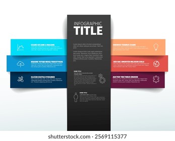 Infographic with a central black column text, surrounded by colorful horizontal bars. The layout is organized and vibrant, highlighting a modern infographic design.