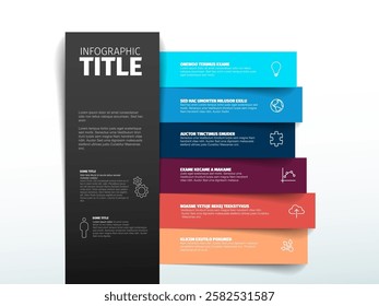 Infographic with a central black column text, with colorful horizontal bars. The layout is organized and vibrant, highlighting a modern infographic design.